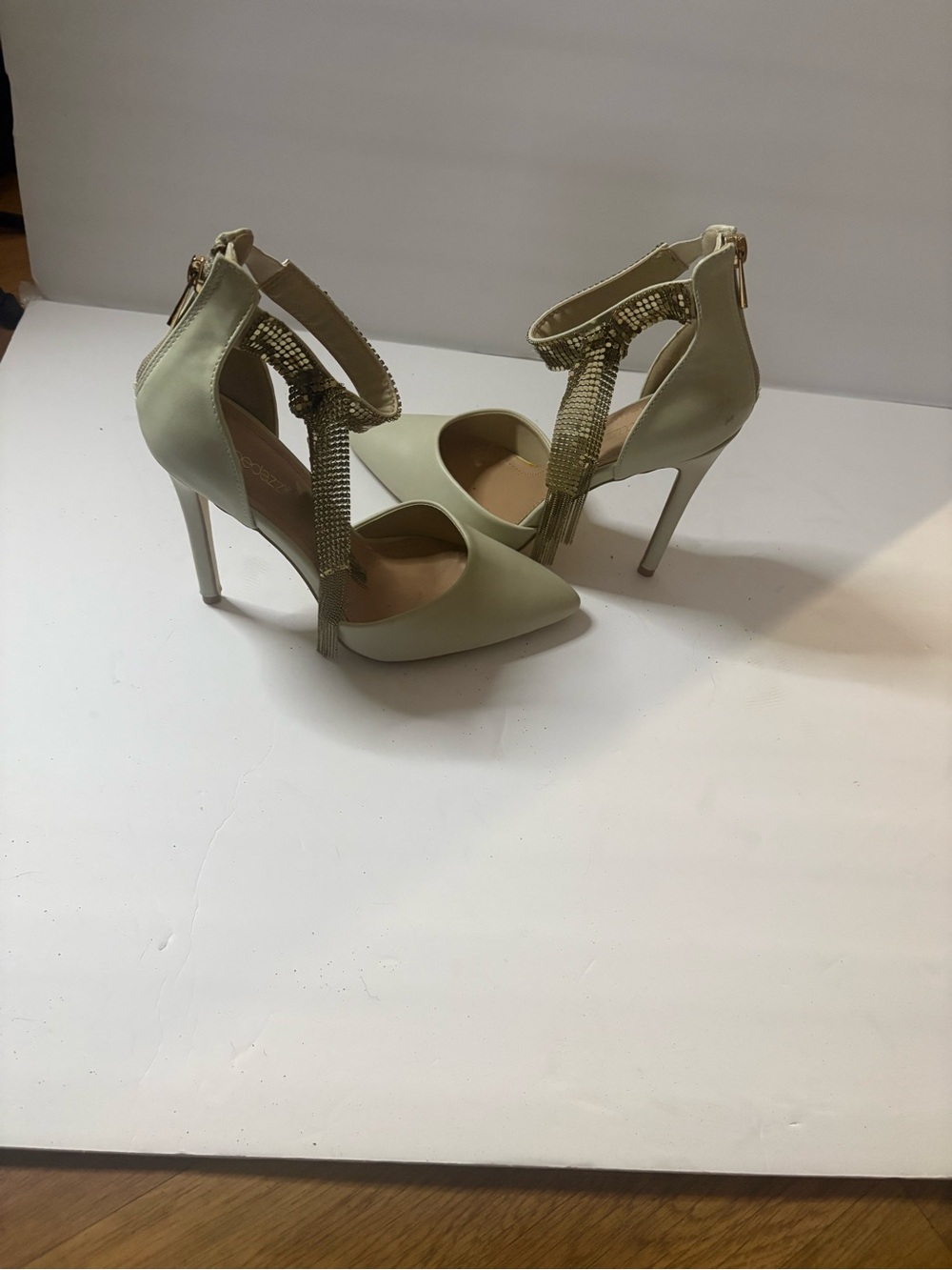 Women's Ivory Pointed-Toe High Heel Ankle-Strap Pumps with Tassel Detail
